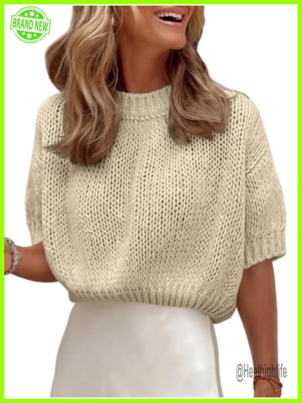 Womens Cropped Short Sleeve Sweater Crewneck Chunky Knit Loose Fit Top